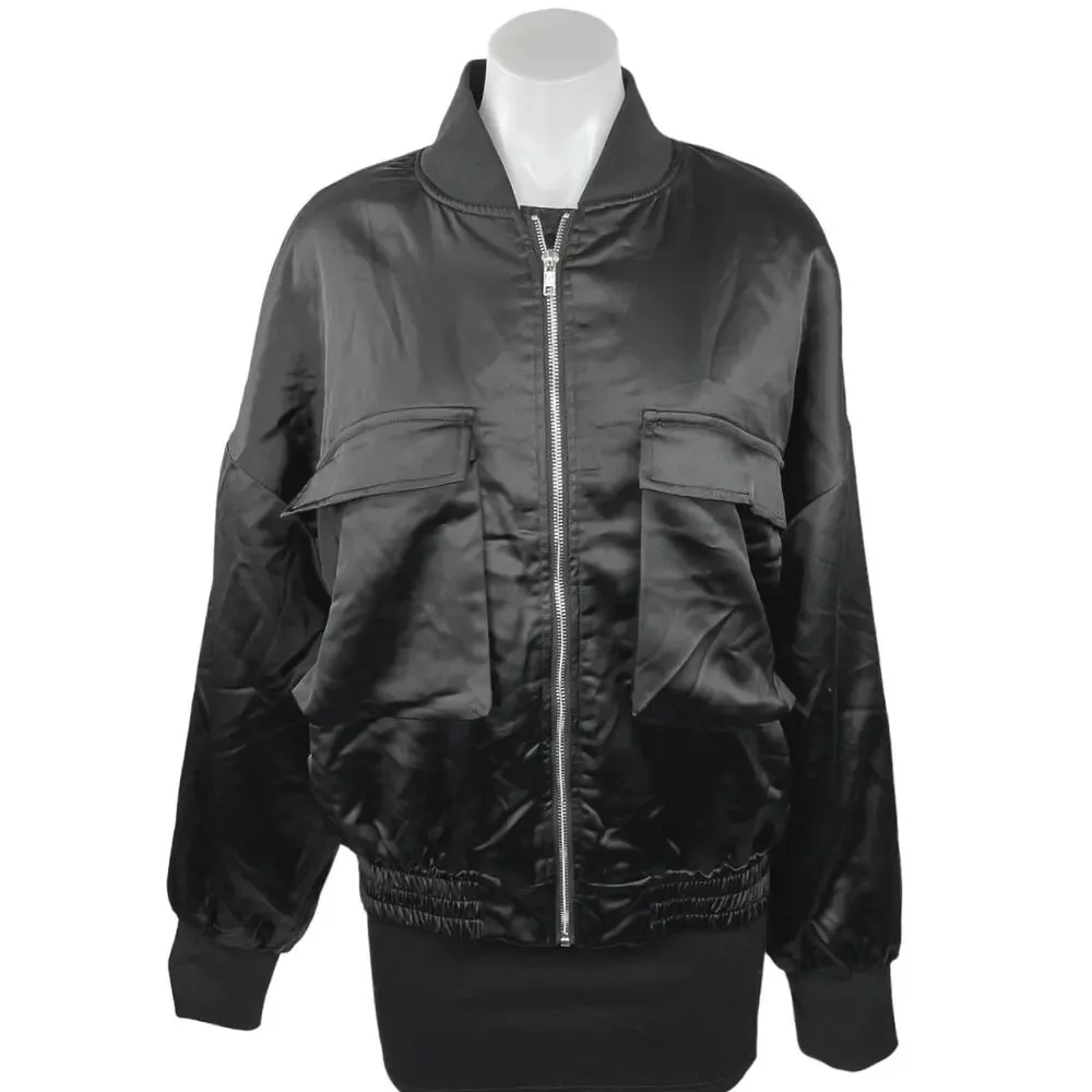 Beginning Boutique Black Satin Zip Up Long Sleeve Bomber Jacket Coat Size 6